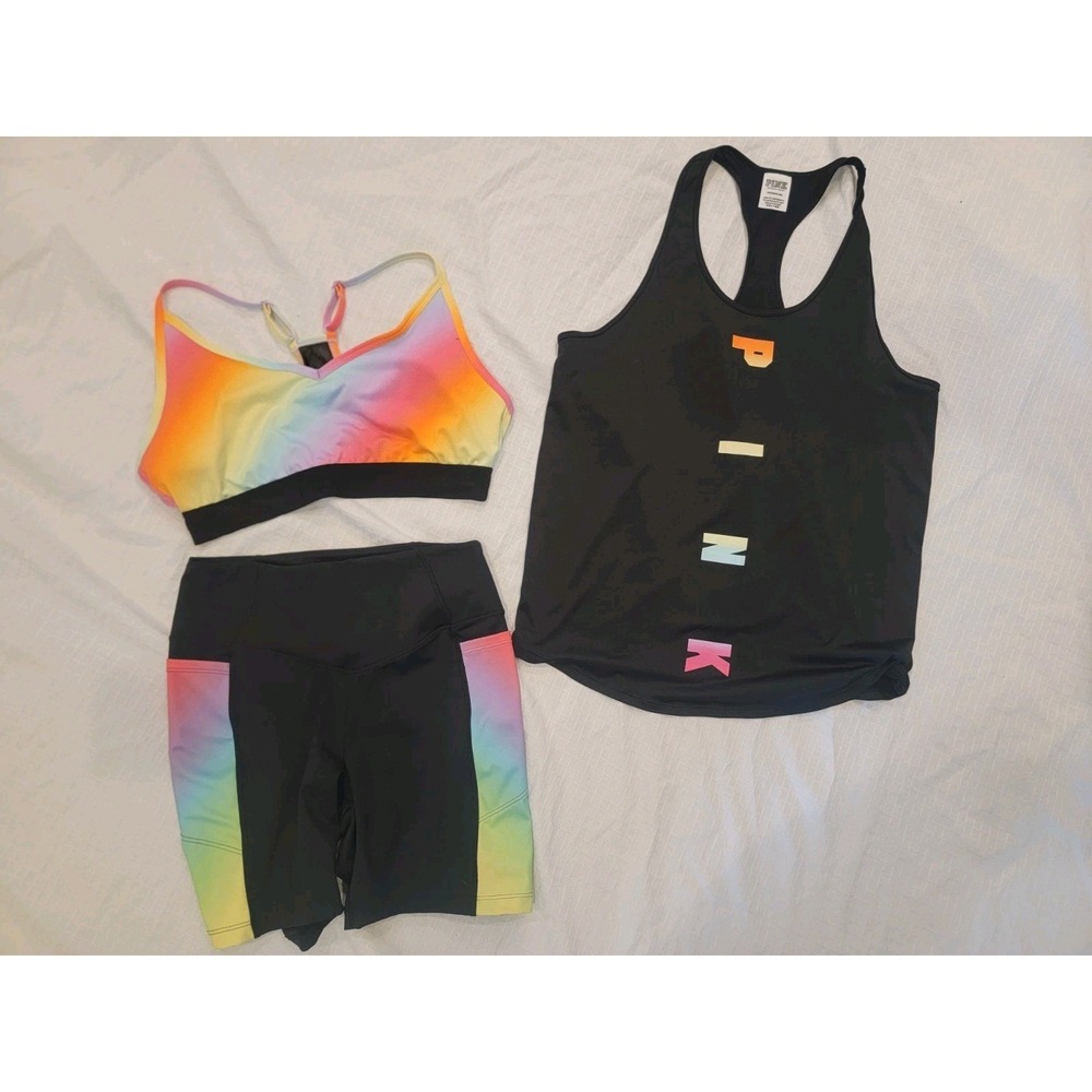 Victoria's Secret PINK Ombre Sports Bra + Tank Top + Bike Shorts 3 Pc Set S M